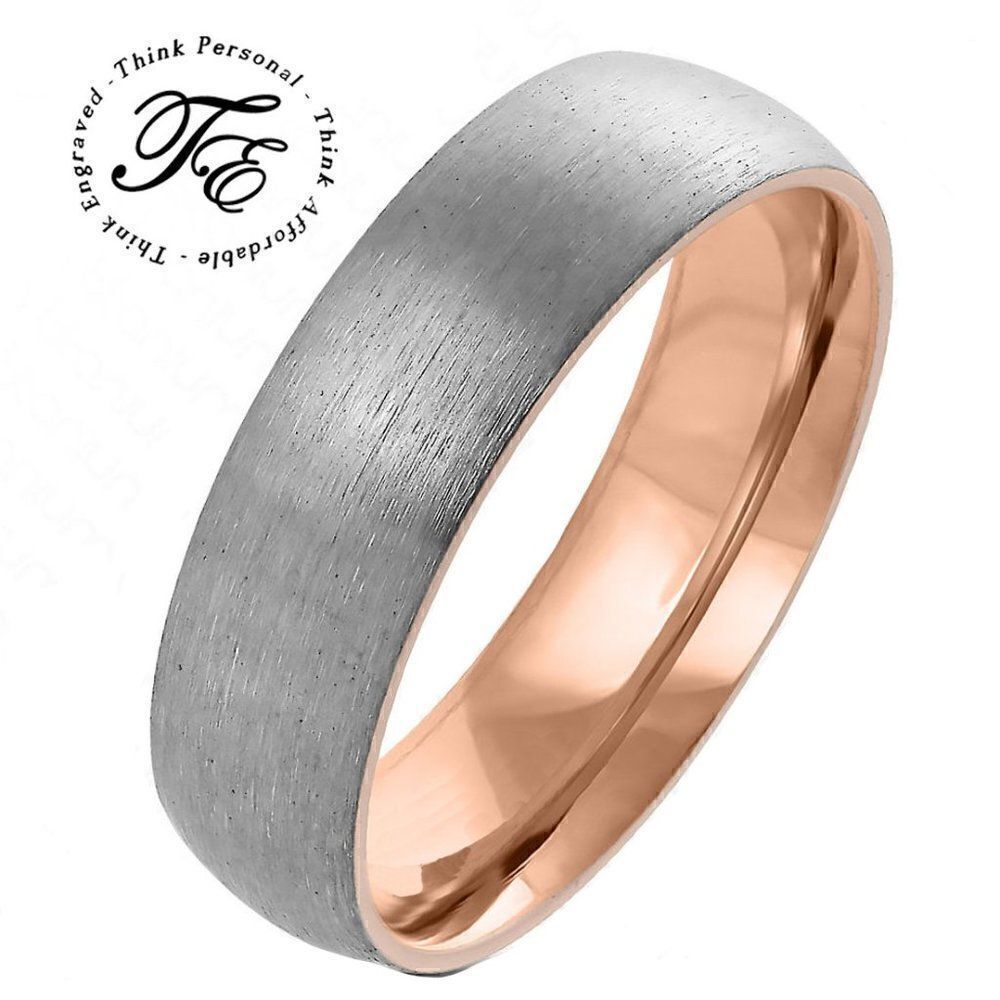 Men's Real Rose Gold and Silver Titanium Wedding Ring - Brushed Steel